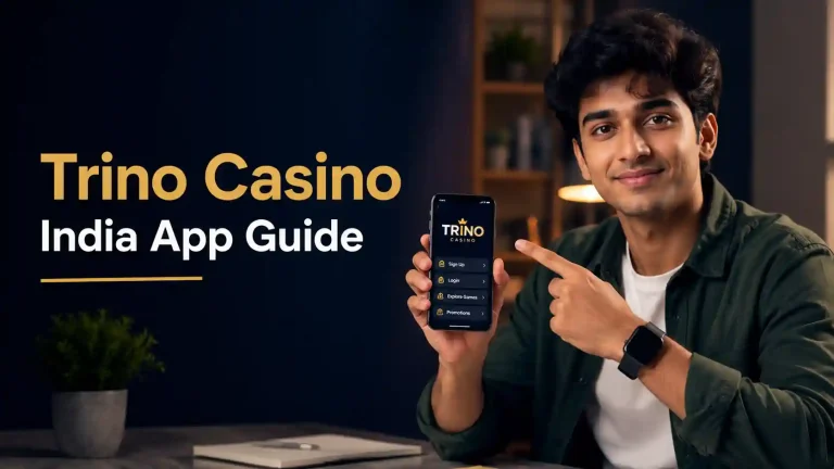 Young Indian Gen Z man holding a smartphone displaying the Trino Casino app interface while pointing at the screen. The image features a clean, modern editorial design with the headline “Trino Casino India App Guide” on the left, soft indoor lighting, a professional workspace background, and a trustworthy technology-focused atmosphere suitable for a blog article about using the Trino Casino mobile app in India.