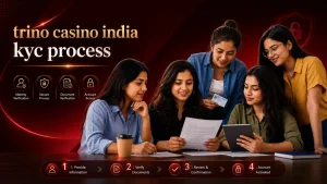Dark red featured image showing five Indian Gen Z women reviewing documents and a tablet, illustrating the Trino Casino India KYC process and account verification steps.