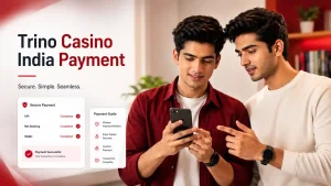 Red-themed featured image showing two Indian Gen Z men looking at a smartphone, with the headline “Trino Casino India Payment” and clean blank card panels on the left.