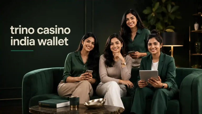 Four stylish Indian Gen Z women in a premium dark green lounge setting with the text “trino casino india wallet,” representing a modern wallet guide for balance, account, and transaction information.