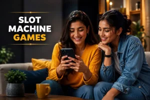 Two smiling Indian Gen Z women sitting on a couch and looking at a smartphone together, with the text “Slot Machine Games” on the left side in a modern editorial-style featured image.