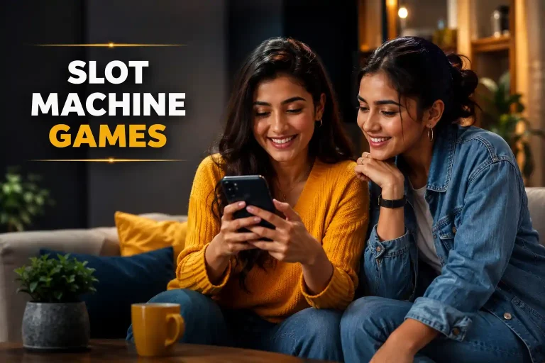 Two smiling Indian Gen Z women sitting on a couch and looking at a smartphone together, with the text “Slot Machine Games” on the left side in a modern editorial-style featured image.