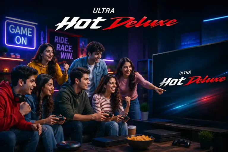 A group of five Indian women and two Indian men enjoying a multiplayer video game in a modern neon-lit gaming lounge, with the title 'Ultra Hot Deluxe' displayed on a large screen in a clean, premium editorial-style featured image.