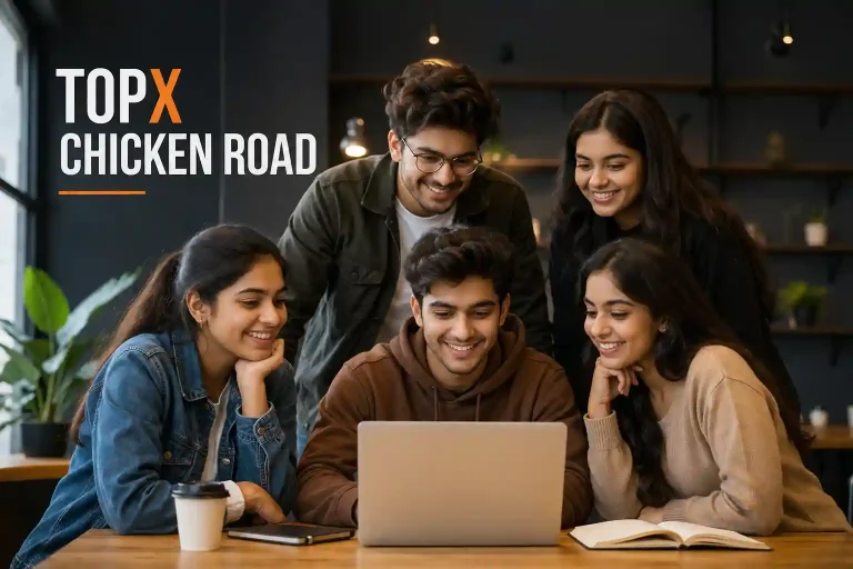 A group of five young Indian Gen Z adults, three women and two men, gathered around a laptop in a modern workspace, smiling and collaborating. The image features a clean editorial style with the title “TOPX CHICKEN ROAD” displayed prominently, with warm lighting, a professional atmosphere, and a contemporary office background.