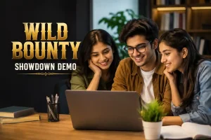 Three Indian Gen Z adults—two women and one man—smile while looking at a laptop in a modern workspace, with the title “Wild Bounty Showdown Demo” displayed in bold text on the left, representing an informational guide in a clean, professional editorial style.