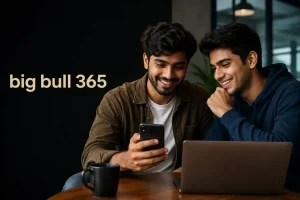 Clean editorial design with only “big bull 365” as the text, supported by a focused, professional Gen Z collaboration scene.