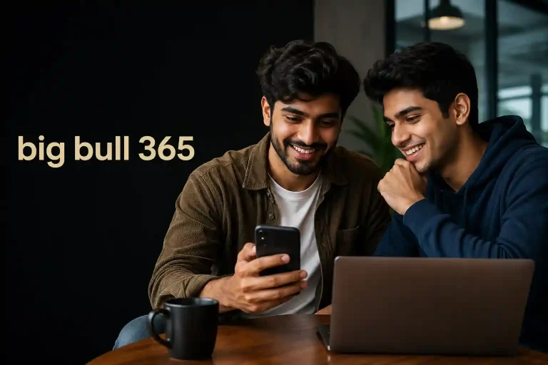 Clean editorial design with only “big bull 365” as the text, supported by a focused, professional Gen Z collaboration scene.