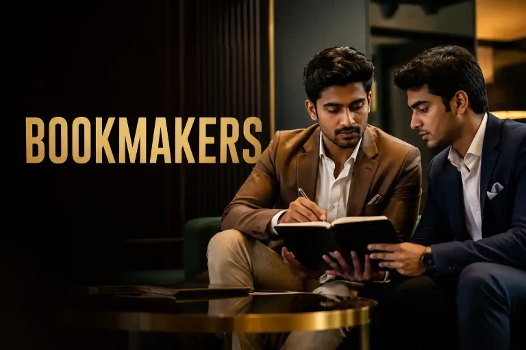 Bookmakers are represented by two young Indian professionals reviewing information in a modern editorial setting.