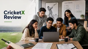 CricketX review team discussion with six young adults in a cricket-themed workspace, reviewing notes beside a laptop and stadium backdrop.