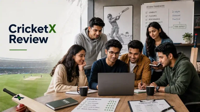 CricketX review team discussion with six young adults in a cricket-themed workspace, reviewing notes beside a laptop and stadium backdrop.