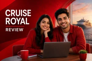 Two Indian Gen Z adults reviewing a cruise travel experience on a laptop with a cruise ship in the background, featuring a clean red editorial design and the title 'Cruise Royal Review'.