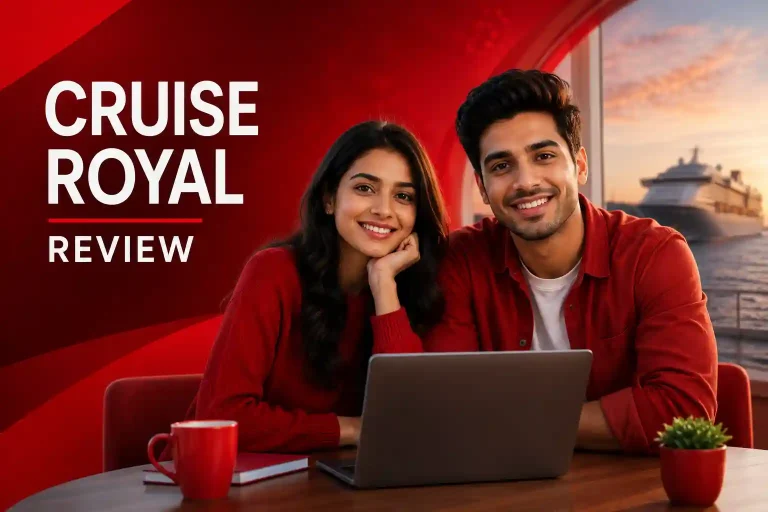 Two Indian Gen Z adults reviewing a cruise travel experience on a laptop with a cruise ship in the background, featuring a clean red editorial design and the title 'Cruise Royal Review'.
