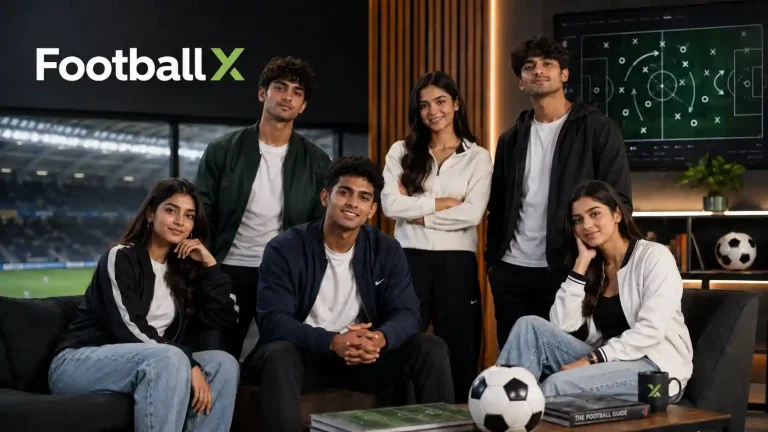 Indian Gen Z group in a modern FootballX studio with a football tactics board and stadium backdrop.