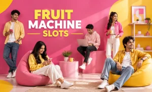 Five diverse Indian Gen Z adults scattered across a modern pink and yellow editorial-style background with the title 'Fruit Machine Slots,' representing a safe and informative blog article without gambling visuals