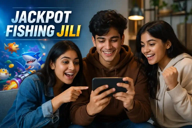 Three Gen Z Indian friends (two women and one man) sit closely together indoors, smiling and reacting excitedly while looking at a smartphone. The scene is styled like a modern editorial blog banner, with bold text on the left reading “JACKPOT FISHING JILI” over a colorful, arcade-style underwater fishing game graphic featuring cartoon fish. The lighting is warm and realistic with soft shadows, creating a polished, engaging promotional-style composition.