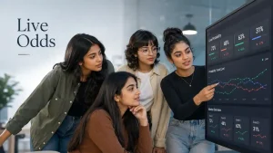 Indian Gen Z women reviewing live odds percentages and real-time trend data on a digital analytics dashboard.