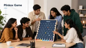 PlinkoX Game featured image showing six Indian Gen Z friends exploring a colorful pegboard-style game in a modern studio.
