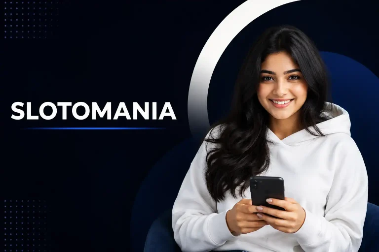 Featured image for a Slotomania guide showing a smiling Indian Gen Z woman holding a smartphone against a clean black, white, and dark blue background with the title "SLOTOMANIA" in bold text. The modern editorial design uses minimal elements and avoids casino, gambling, or betting imagery.
