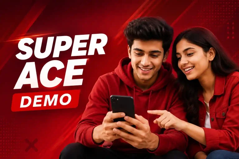 Indian Gen Z man and woman exploring the Super Ace demo on a smartphone against a bold red editorial background.