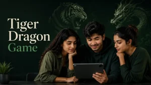 Three Indian Gen Z friends viewing a tablet beneath artistic tiger and dragon illustrations on a dark green background, with the text “Tiger Dragon Game.”