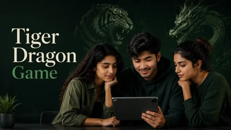 Three Indian Gen Z friends viewing a tablet beneath artistic tiger and dragon illustrations on a dark green background, with the text “Tiger Dragon Game.”