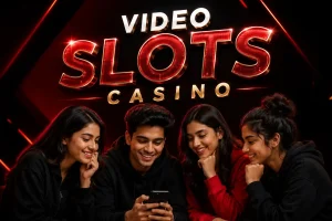 Four Indian Gen Z friends smile while viewing a smartphone beneath shiny red-and-gold “Video Slots Casino” text on a black-and-red background.
