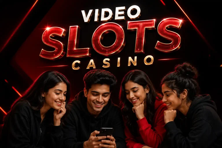 Four Indian Gen Z friends smile while viewing a smartphone beneath shiny red-and-gold “Video Slots Casino” text on a black-and-red background.