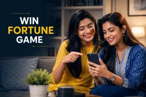 Win Fortune Game featured image showing two Indian Gen Z women smiling while using a smartphone in a modern indoor setting, representing a safe, informative guide with a clean editorial design.