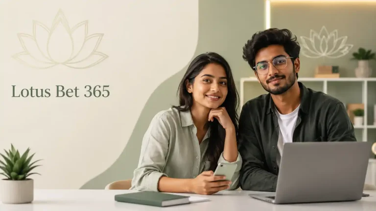 Featured image for “Lotus Bet 365” showing a smiling Indian Gen Z woman and man seated at a modern desk with a smartphone, laptop, notebook, and small plant, set in a clean, softly lit office space with subtle lotus graphics and minimal editorial-style text.
