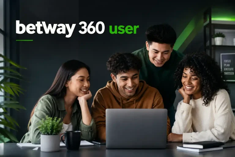 Four diverse Gen Z users collaborating around a laptop in a modern office, with “betway 360 user” displayed prominently in the background.