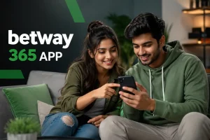 Betway 365 app featured image showing a young Indian couple using a smartphone together on a sofa, with “betway 365 APP” text on a dark green background.