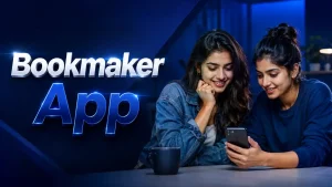 Two Indian Gen Z women viewing a smartphone beside shiny white “Bookmaker” and navy blue “App” text on a premium dark background.