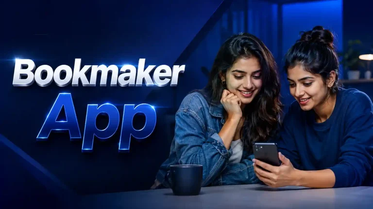 Two Indian Gen Z women viewing a smartphone beside shiny white “Bookmaker” and navy blue “App” text on a premium dark background.