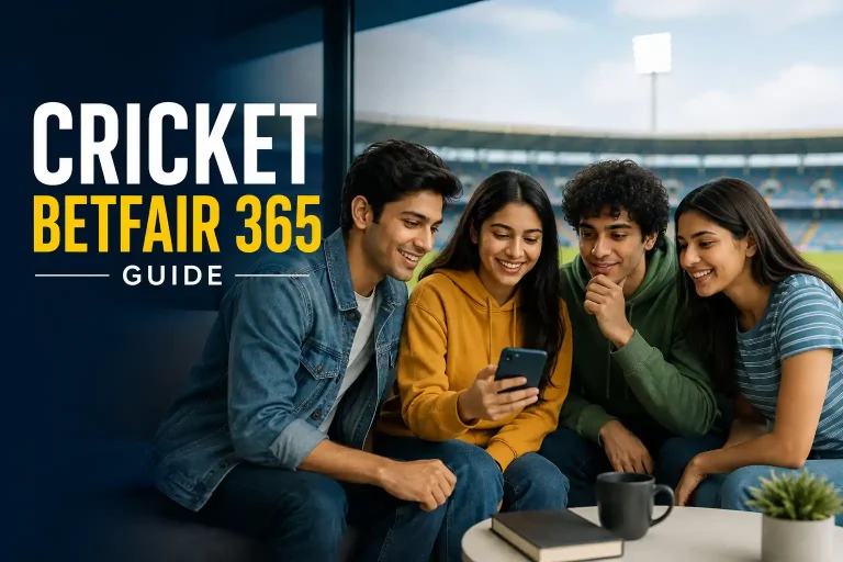 Four diverse Gen Z friends discussing cricket on a smartphone in a modern setting, with a cricket stadium in the background and the text “Cricket Betfair 365 Guide.”