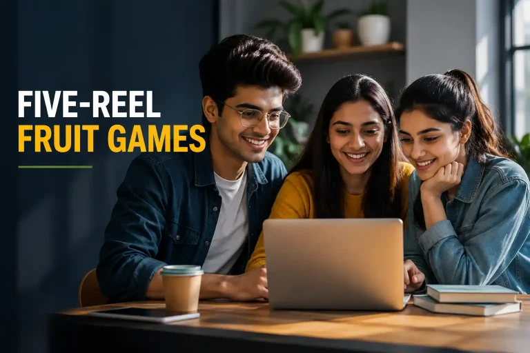 Three Indian Gen Z friends exploring five-reel fruit games together on a laptop in a modern indoor setting.
