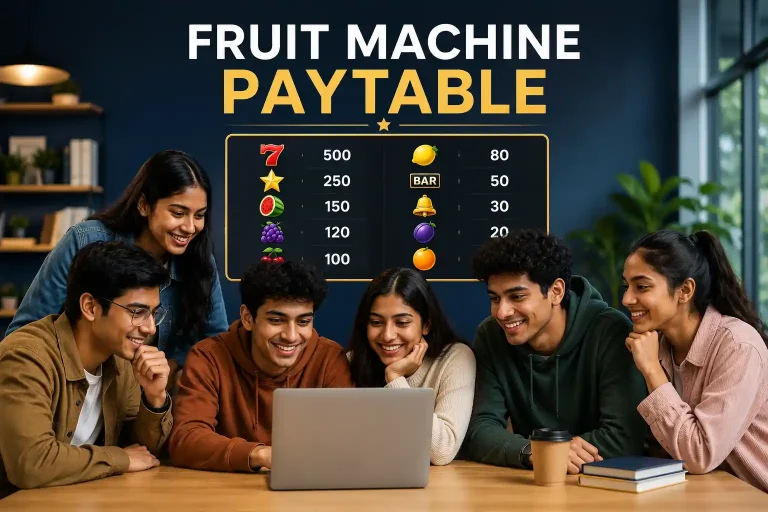 Six diverse Indian Gen Z adults gathered around a laptop while reviewing a fruit machine paytable displayed prominently behind them.
