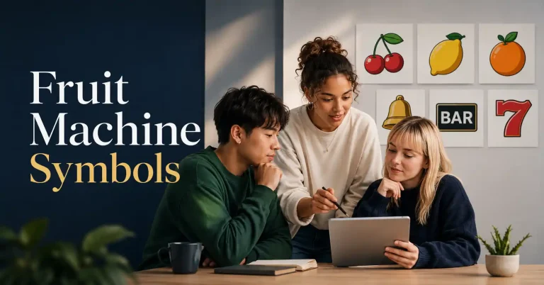 Three Gen Z friends viewing classic fruit machine symbols on a tablet, including cherries, grapes, a bell, watermelon, plum, and lucky 7.