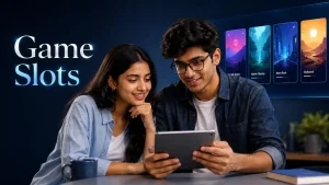 Two young Indian adults explore game options on a tablet beside shiny “Game Slots” text in a modern blue digital setting.