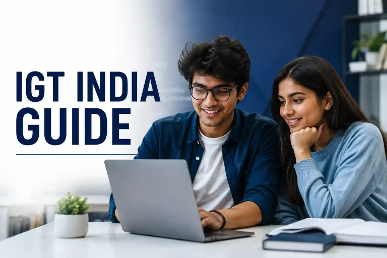 Two young Indian adults using a laptop together in a modern office, with “IGT India Guide” text on the left.