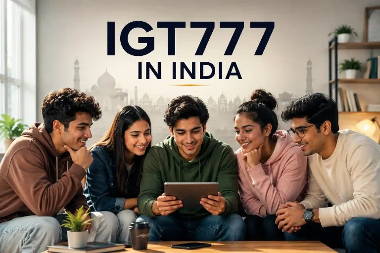Five diverse Gen Z friends exploring IGT777 in India on a tablet in a modern indoor setting.