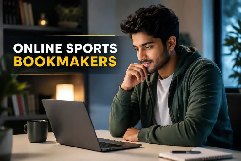 Indian Gen Z man researching online sports bookmakers on a laptop in a modern home setting.