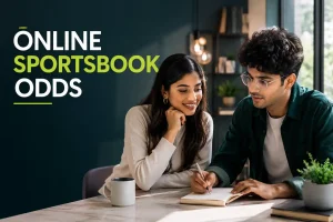 Young Indian man and woman reviewing notes together beside the title “Online Sportsbook Odds” in a clean editorial setting.