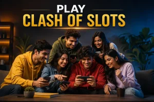 Six diverse Indian Gen Z friends playing Clash of Slots on smartphones together in a modern lounge setting.