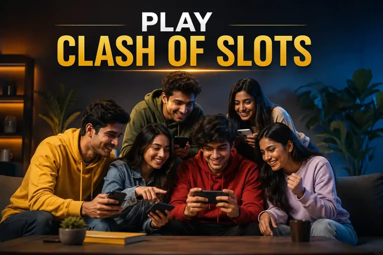 Six diverse Indian Gen Z friends playing Clash of Slots on smartphones together in a modern lounge setting.