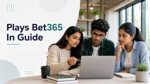 Three Indian Gen Z adults studying together at a laptop in a modern workspace, with the headline “Plays Bet365 In Guide” in a clean editorial blog featured image.