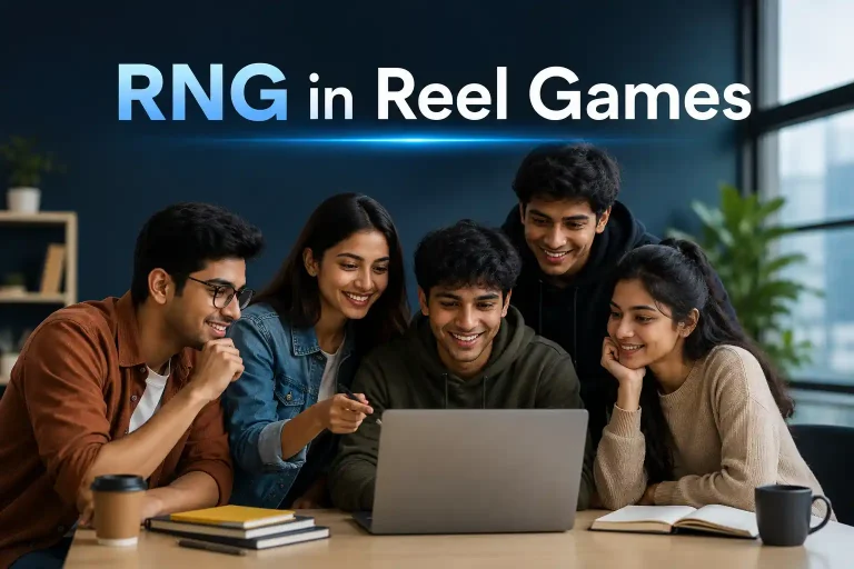 Five diverse Indian Gen Z adults collaborating around a laptop in a modern office, with the title “RNG in Reel Games” displayed above them.