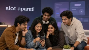 Five Indian Gen Z friends exploring slot aparati information together on a smartphone in a modern indoor setting.