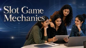 Four Indian Gen Z women exploring slot game mechanics together using a tablet and laptop.