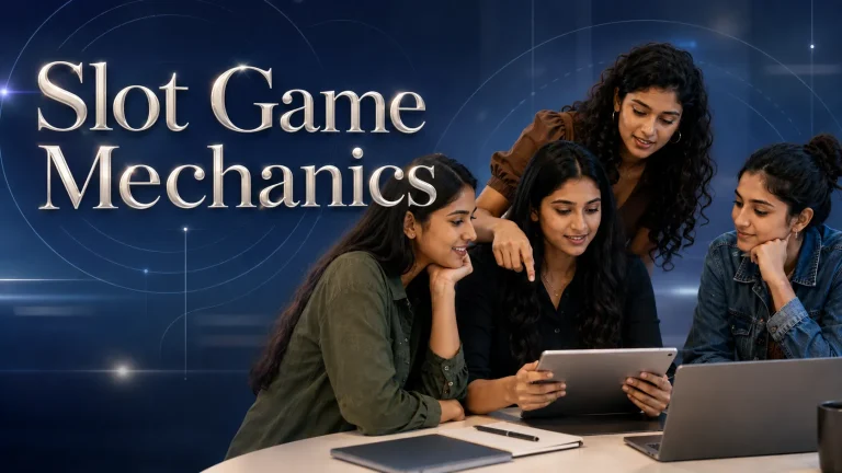 Four Indian Gen Z women exploring slot game mechanics together using a tablet and laptop.