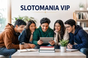 Five Indian Gen Z friends exploring Slotomania VIP on a tablet in a modern lounge setting